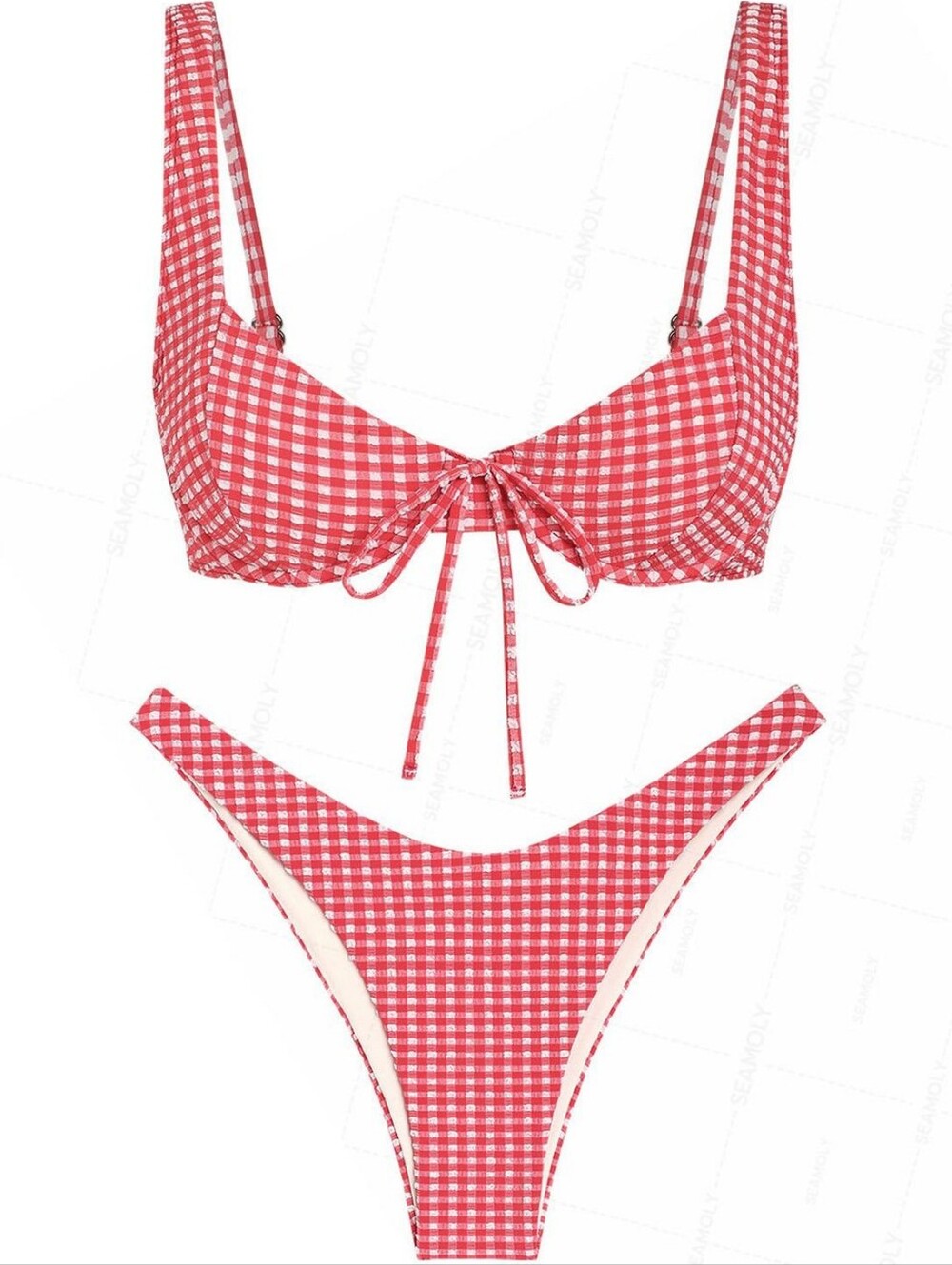 Seamoly Women's Red Gingham Bowknot Cinched Back Balconette Underwire Bikini